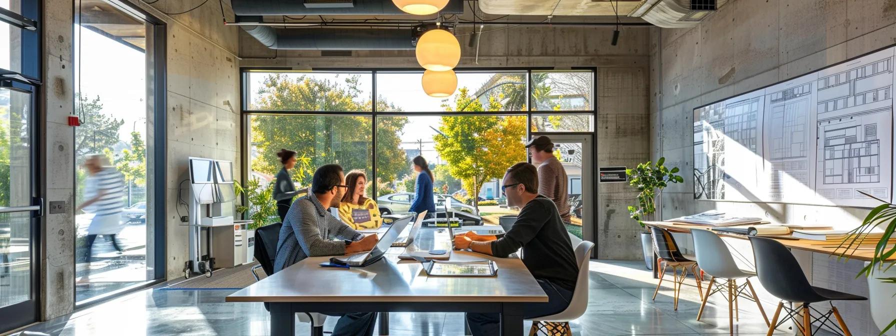 a bustling urban office setting showcases a team of concrete specialists meticulously reviewing engineered plans and permit documents, embodying professionalism and community expertise in a sunlit conference room filled with materials samples and high-quality concrete finishes.