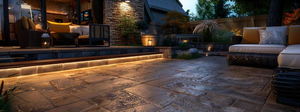 a modern outdoor patio featuring intricately stamped concrete designed to resemble european slate, illuminated by warm, ambient lighting, showcasing its vibrant colors and textured surface against a stylish backdrop of contemporary furnishings.