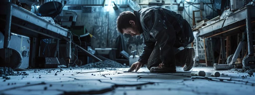a professional concrete repair technician meticulously evaluates a cracked slab in an industrial workshop, surrounded by high-precision tools and equipment, illuminated by bright overhead lighting that highlights the detailed textures of the concrete surface.