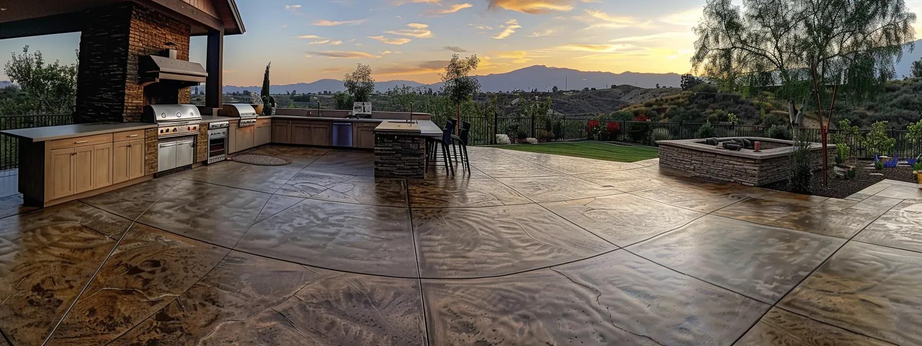 a stunning outdoor setting in hesperia palisades showcases elegantly designed custom concrete features, including a stylish stamped concrete patio with integrated stainless steel inlays, vibrant color-matched finishes, and a chic outdoor kitchen, all framed by contemporary residential architecture.