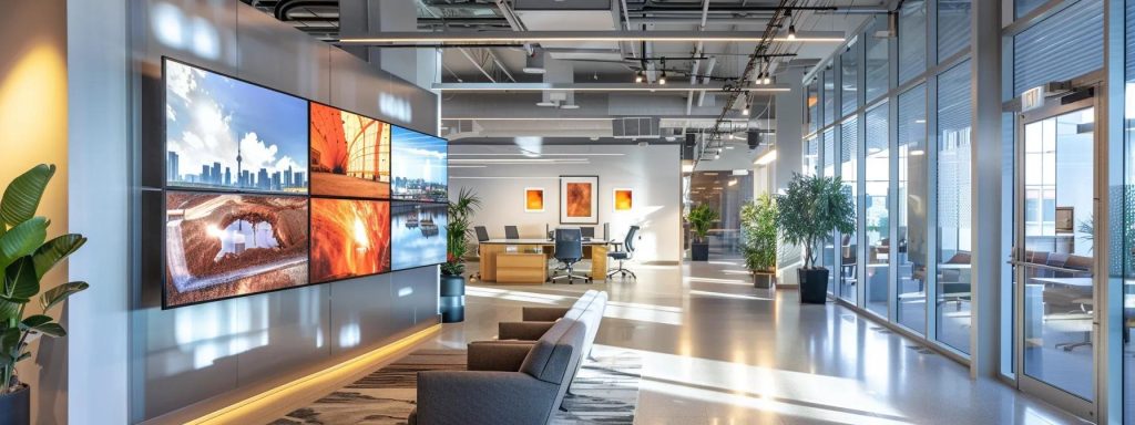 a visually impactful project portfolio presentation in a modern office setting, showcasing striking before-and-after images of concrete work, meticulously organized case studies, and client testimonials displayed on sleek digital screens.