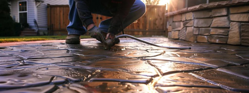 an expert contractor meticulously works on a beautifully designed stamped concrete patio in a modern urban backyard, showcasing intricate patterns and textures under bright, focused lighting that highlights the craftsmanship involved.