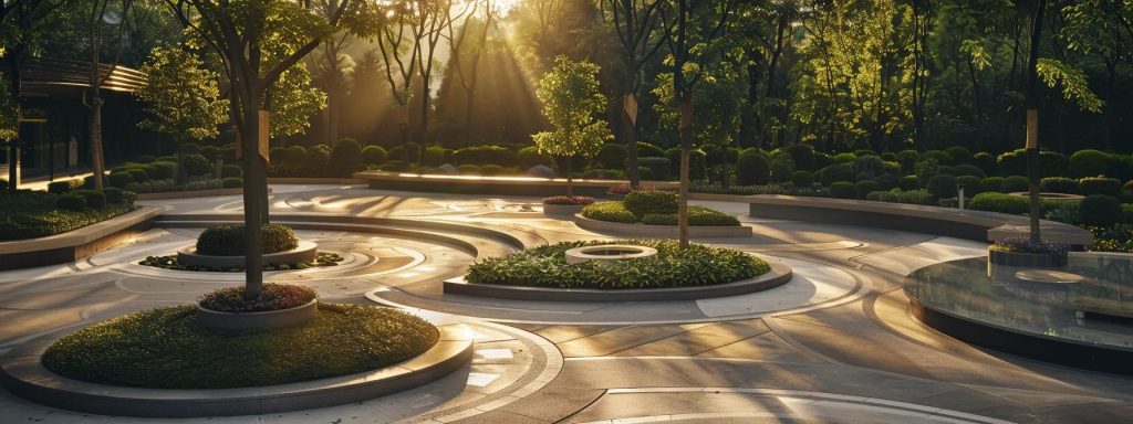 an expertly designed outdoor space showcases a blend of intricate stamped concrete walkways and stylish patio areas, harmoniously integrated with modern landscaping elements and decorative edging, highlighting the synergy between functionality and aesthetic appeal.
